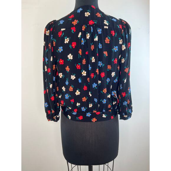 Madewell Black Wrap Top in Pressed Flowers 3/4 Sleeve Cropped Size S - Picture 6 of 10